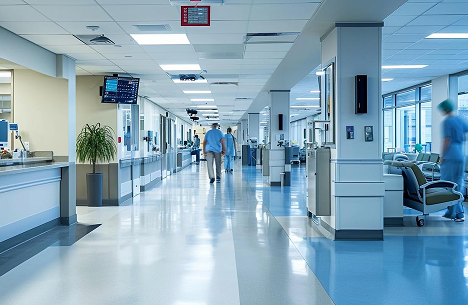 Corredor interno de hospital moderno, com piso azul e branco brilhante, profissionais de saúde caminhando ao fundo e estações de atendimento nas laterais.